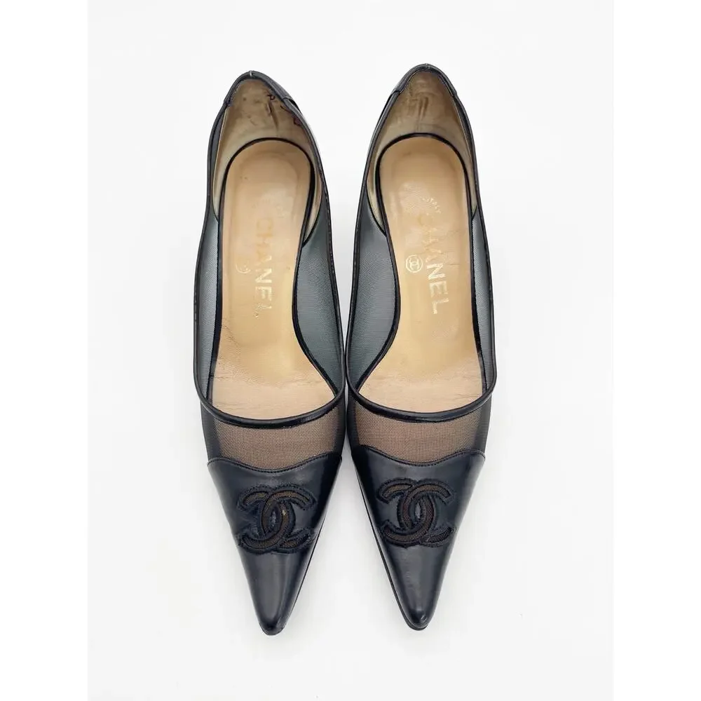 Chanel Vintage Black Mesh Leather CC Cap Toe Pointed Toe Pumps Heels EU 36